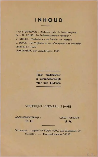 Mechelsche bijdragen. 3e Jaargang Nr 4 Mechelen onder de Leenroerigheid - Mechelsche kring voor oudheidkunde, geschiedenis en folklore Must-Have