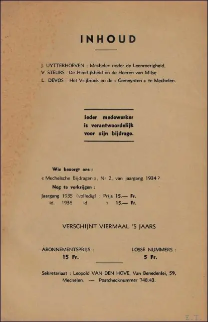 Mechelsche bijdragen. 4e Jaargang Nr 3 Mechelen onder de Leenroerigheid - Mechelsche kring voor oudheidkunde, geschiedenis en folklore Must-Have