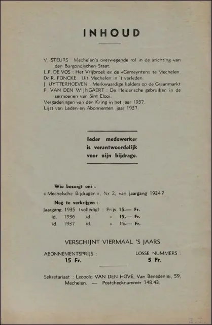 Mechelsche bijdragen. 5e Jaargang Nr 1 Mechelens overwegende rol in de stichting van den Burgondischen Staat - Mechelsche kring voor oudheidkunde, geschiedenis en folklore Koop Online