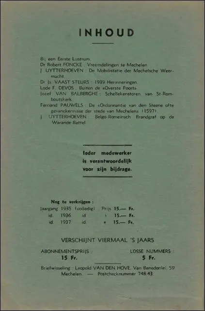 Mechelsche bijdragen. 6e Jaargang Nr 1 Bij een eerste lustrum ! - Mechelsche kring voor oudheidkunde, geschiedenis en folklore Hoge Kwaliteit