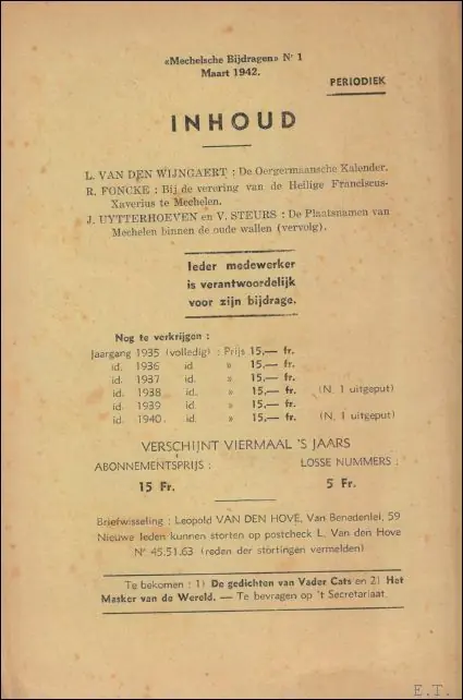 Mechelsche bijdragen. 9e Jaargang Nr 1 de Oergermaansche kalender - Mechelsche kring voor oudheidkunde, geschiedenis en folklore Snelle Levering