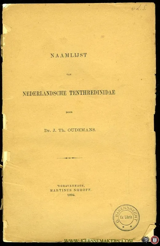 Must-Have Naamlijst van Nederlandsche Tenthredinidae. Overdruk uit dl. XXXVII, Tijdschrift v. Entomologie. - OUDEMANS, J.Th.