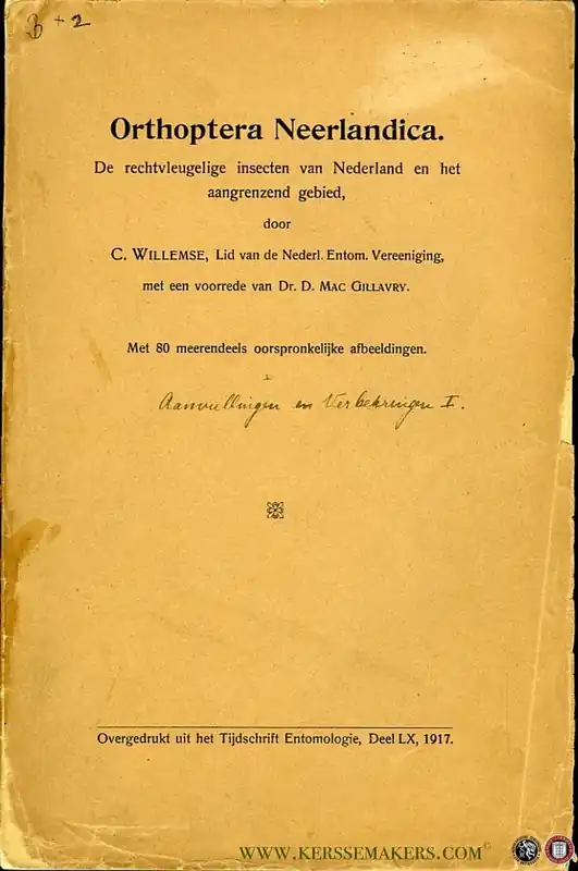 Aanbieding Orthoptera Neerlandica. De rechtvleugelige insecten van Nederland en het aangrenzend gebied (met aanvullingen en verbeteringen I) - WILLEMSE, C.